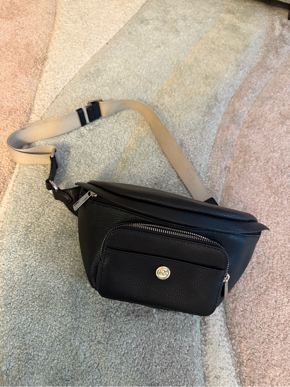 Michael Kors Black Pebbled Leather Belt Bag with Beige Strap